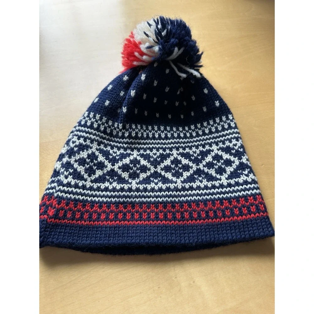 Vintage Dale of Norway Fair Isle Wool Ski Hat Beanie Pom Pom Nordic Blue